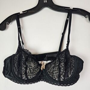 Marilyn Monroe by Warners Black Sheer Bra Sz 36C Lace Trim Mesh Coquette Retro